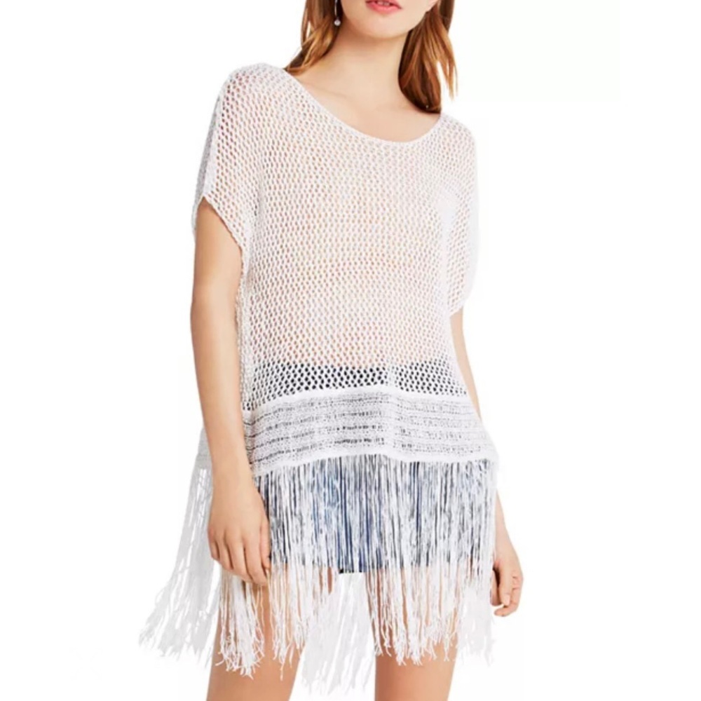 BCBGeneration fringe trim hem crochet women’s white tunic top Size XS/ Small